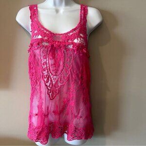 Banana Women's Pink Crocheted Lace Sheer Tank Top Cami Size Medium